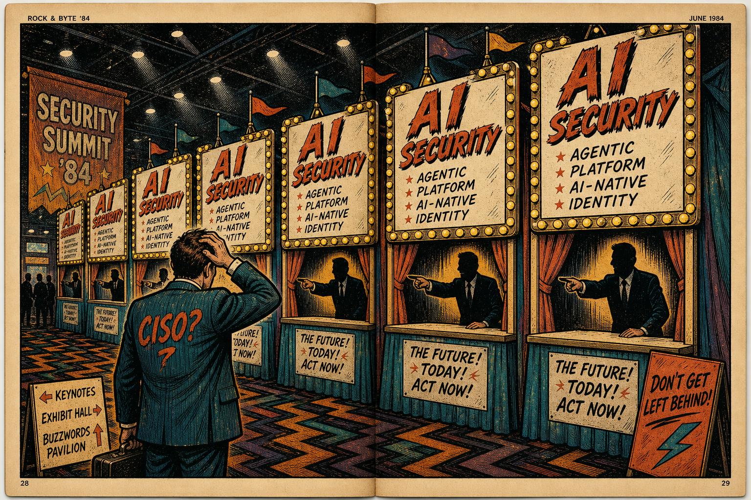 A vintage magazine cartoon showing a confused buyer at a row of identical AI Security booths.