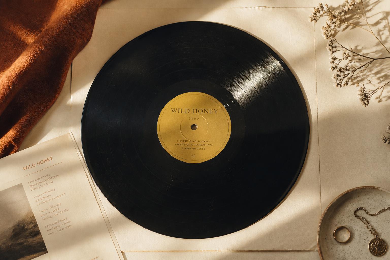 A vintage vinyl record spinning on a wooden turntable